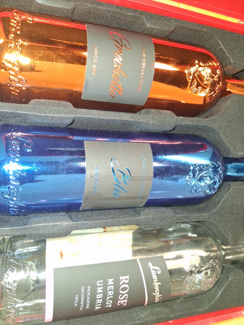 Lamborghini Rosé Merlot Umbrian Wine Bottle + Metallic Blue & Rose Bottles